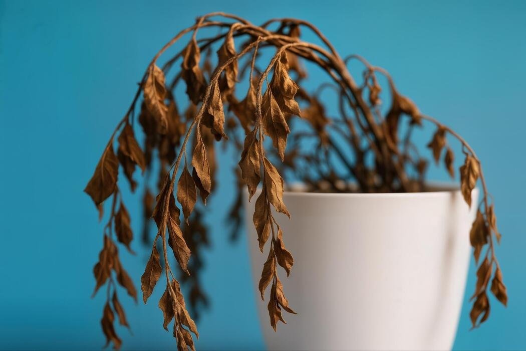Wilted neglected houseplant in a white pot needing rescue
